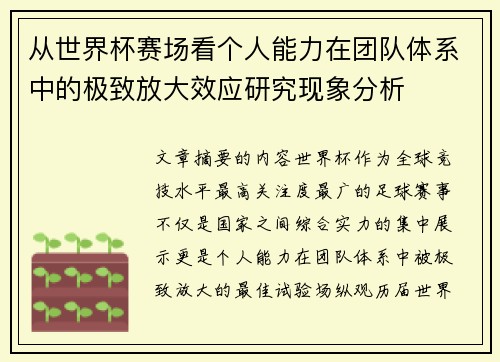 从世界杯赛场看个人能力在团队体系中的极致放大效应研究现象分析